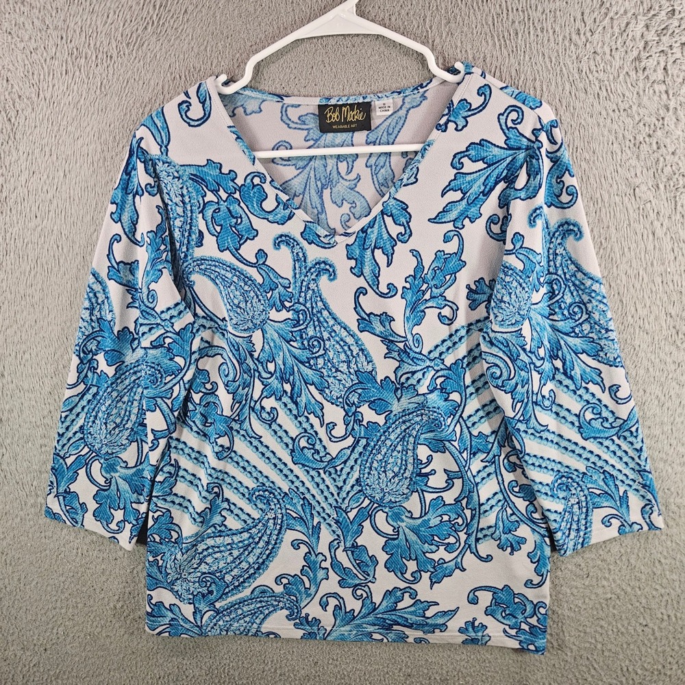 Bob Mackie Wearable Art Womens Blue White Paisley V-Neck 3/4 Sleeve Top Small